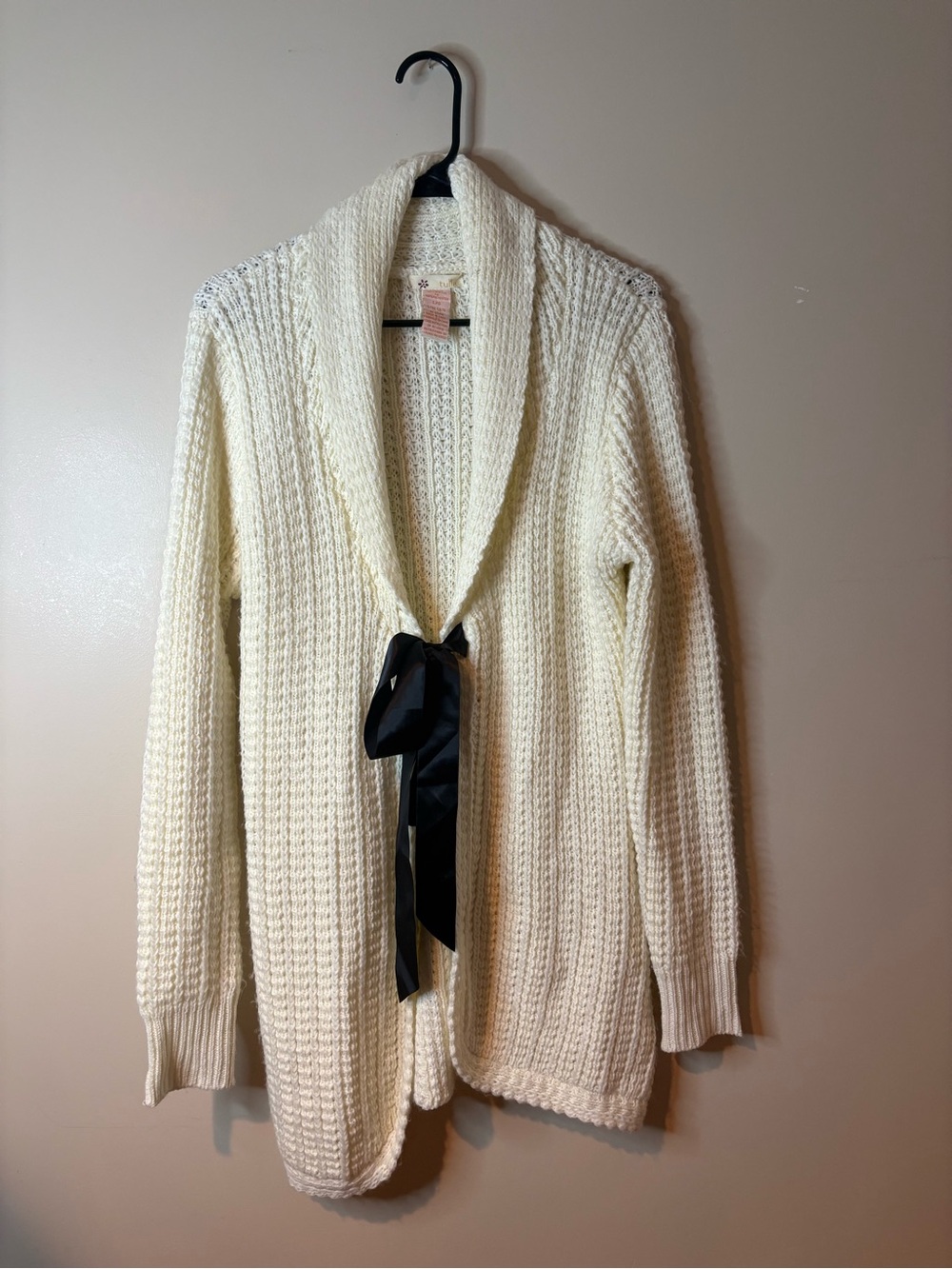 Anthropologie Tulle Cream & Black Bow Tie Front Long Line Cardigan NWOT